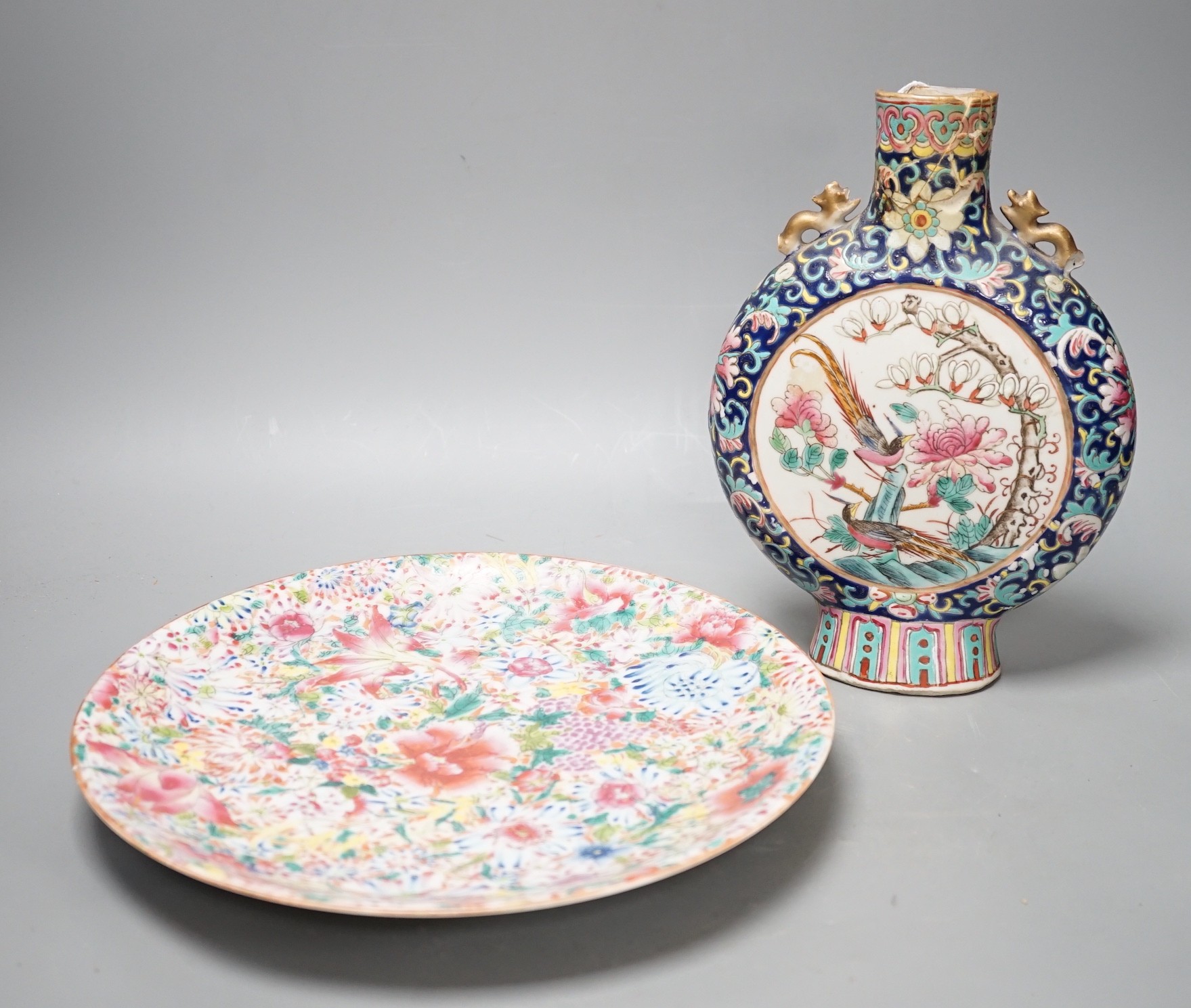 A Chinese enamelled porcelain moonflask, Tongzhi period and a Republic period millefleur dish, vase 24.5cms